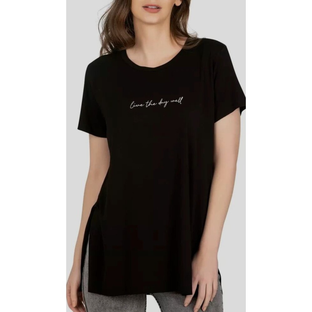 Womens L/XL Black Graphic Print Viscose Knit Tunic Top Short Sleeve T-Shirt Cozy